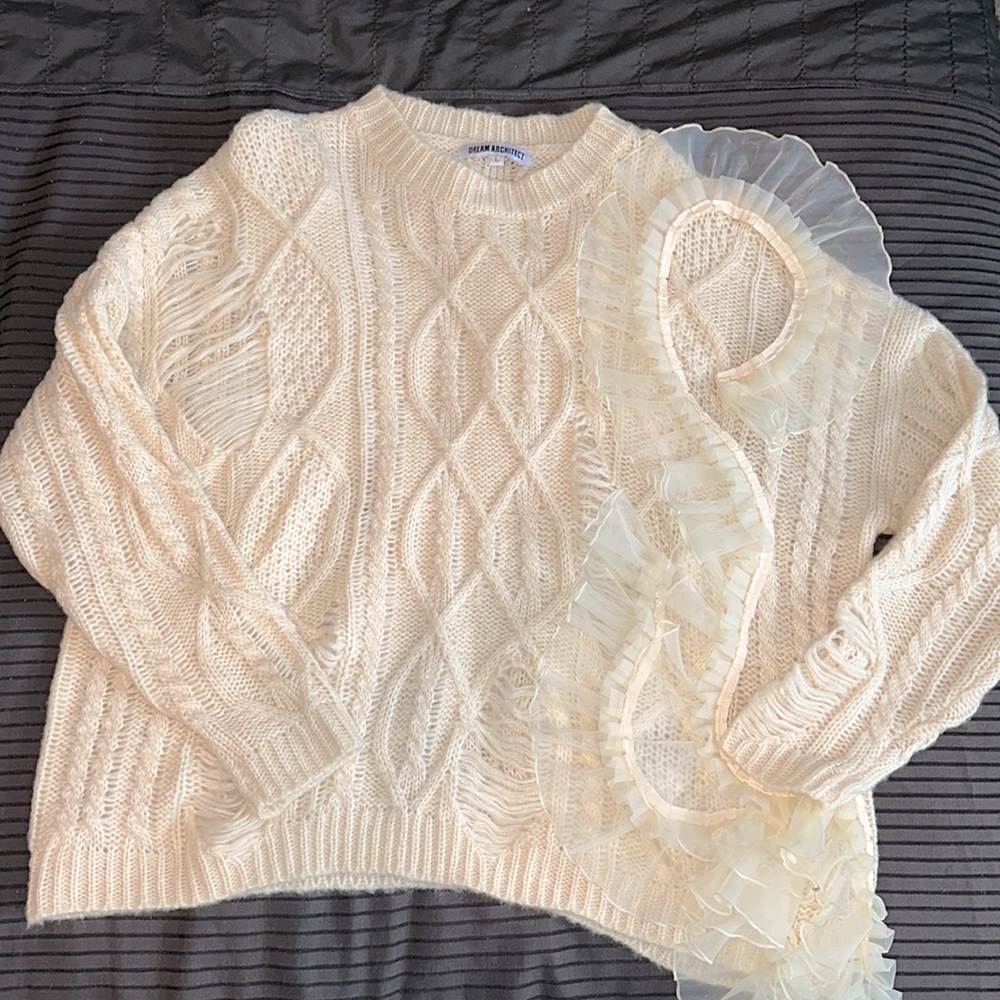 Cream Oversized Sweater Distressed Lace Accent